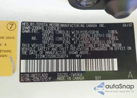 2008 Lexus Rx 350 z USA, uszkodzony, nr VIN 2T2HK31U98C058914